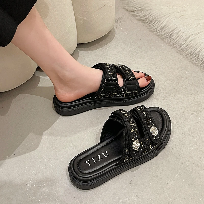 Shoes Slippers Flat Slipers Women Med Slides Fashion Platform 2022 Summer Luxury Rubber Basic Hook & Loop PU Slippers Women Summ