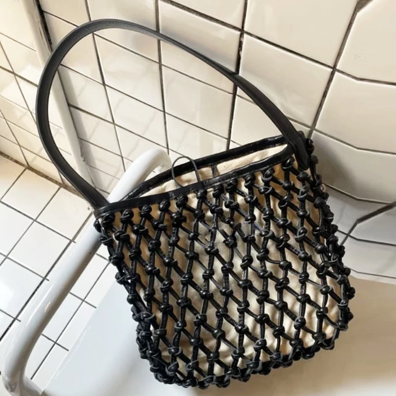 

Hand Woven Beach Bucket Bags For Women Luxury Designer Handbags And Purses 2025 New In PU Hollow Two Sizes Underarm Shoulder Bag