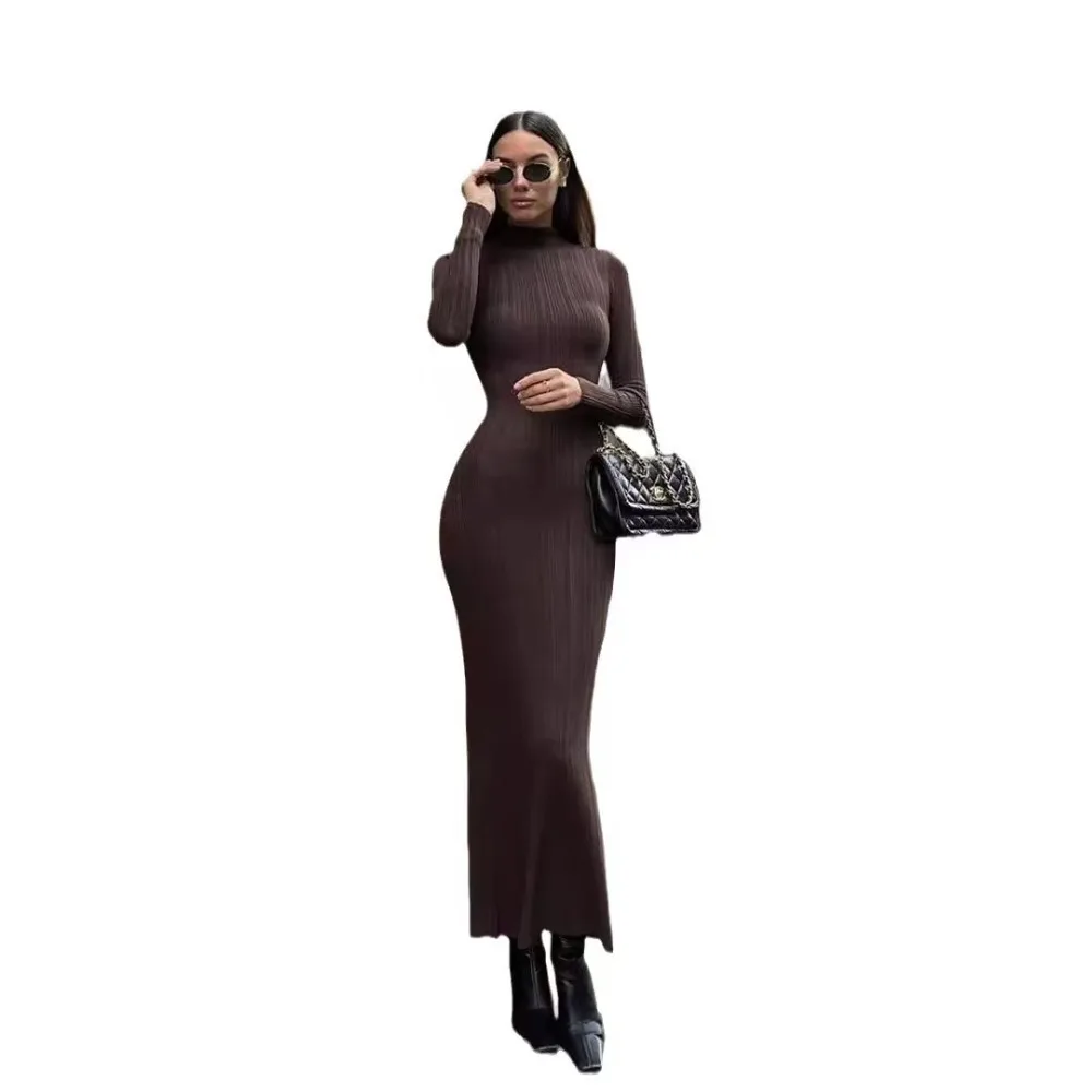 Elegant Slim Fit Knit Dress High Neck Long Sleeve Bodycon Autumn Winter Long Dress French Style Commuter Womens Fashion