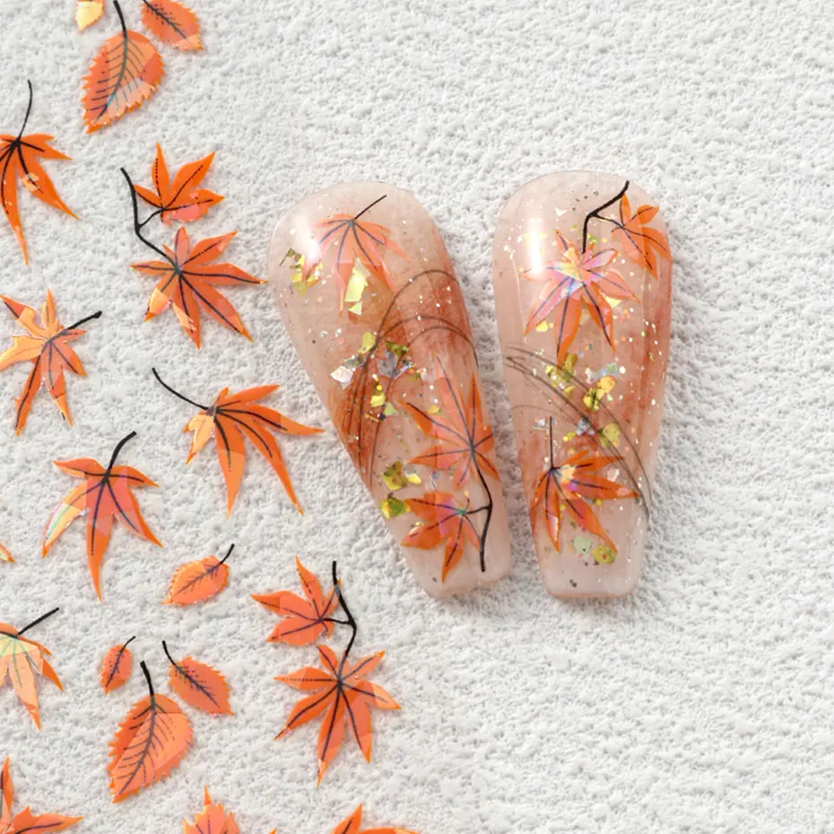 2pcs 3D Autumn Charms Nail Decal Laser Maple Leaves Design Nail Art Stickers Fall Leaf DIY Sliders for Nail Foils Manicure Decor