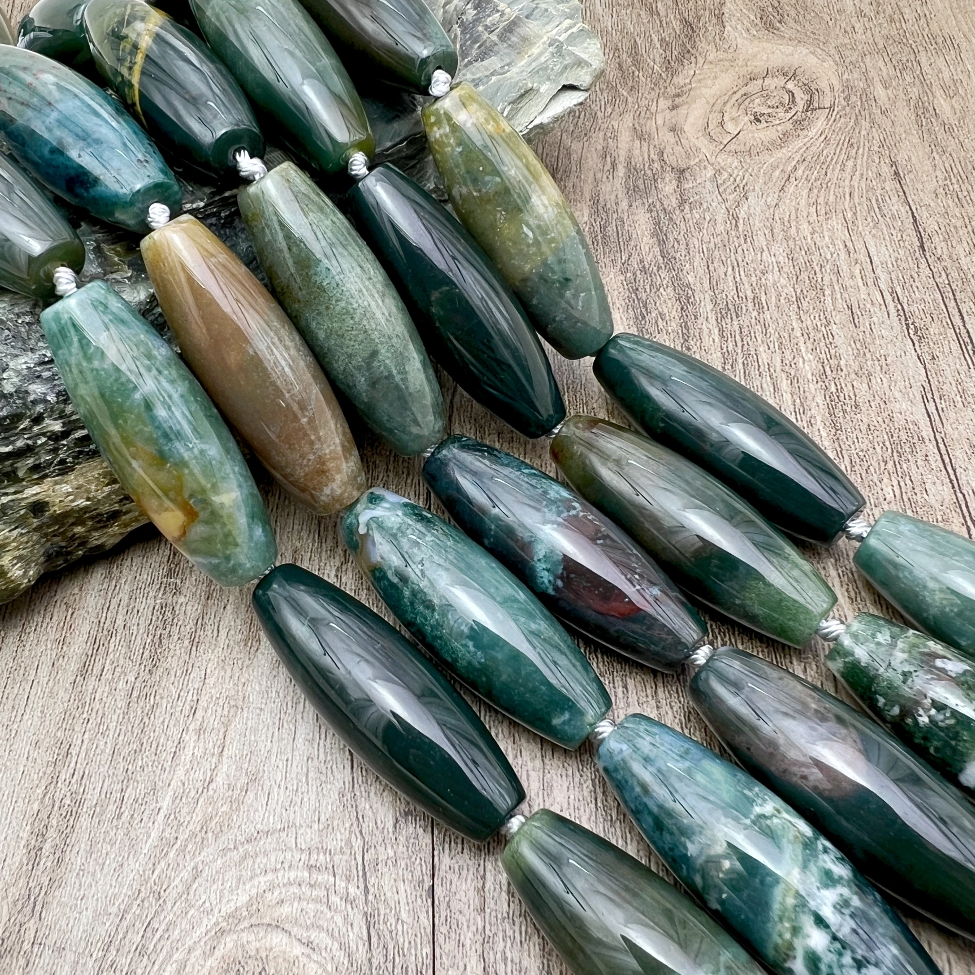 14x40MM 9PCS Large Natural Indian Moss Agates Barrel Nugget Beads For DIY Jewelry Making