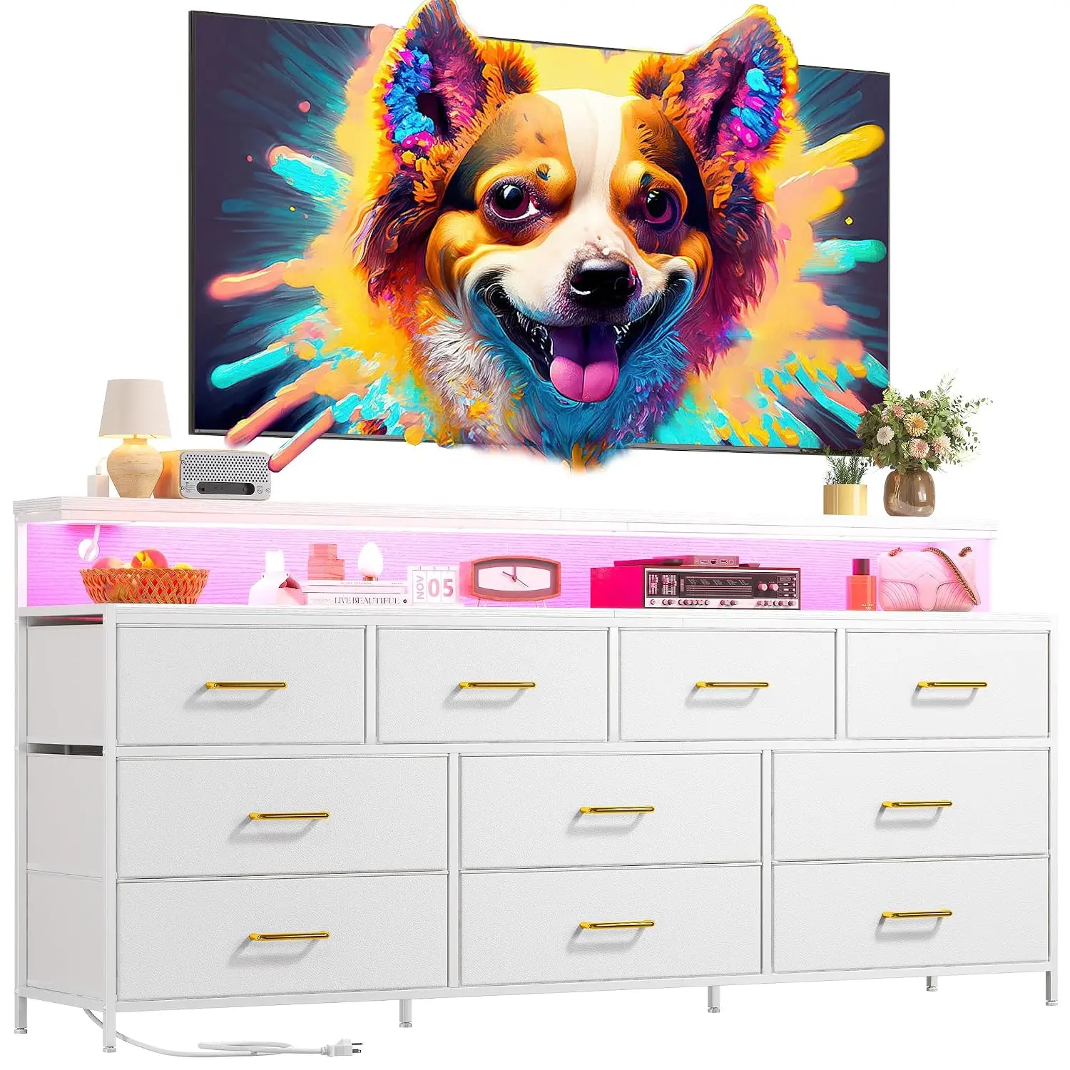 White Dresser with 10 Drawers, LED Lights & Power Outlets, Bedroom Storage Furniture, 55