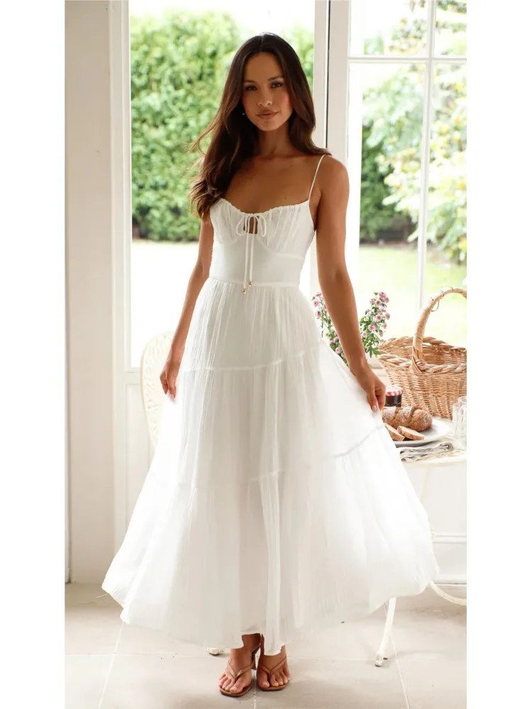 2025 New Fashion Vintage Boho White Dress Women Solid Color Sexy Strap Backless Tie-Up Elegant Party Beach A-line Long Dresses