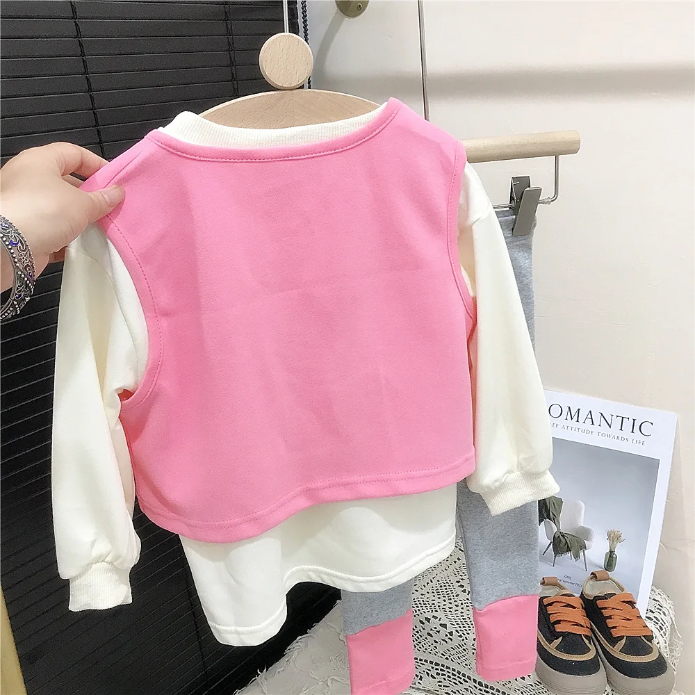 Conjunto de ropa de 3 uds para niña, chaleco rosa con sonrisa hueca, camisetas de algodón sólido, traje empalmado, mallas con cintura elástica, primavera y otoño