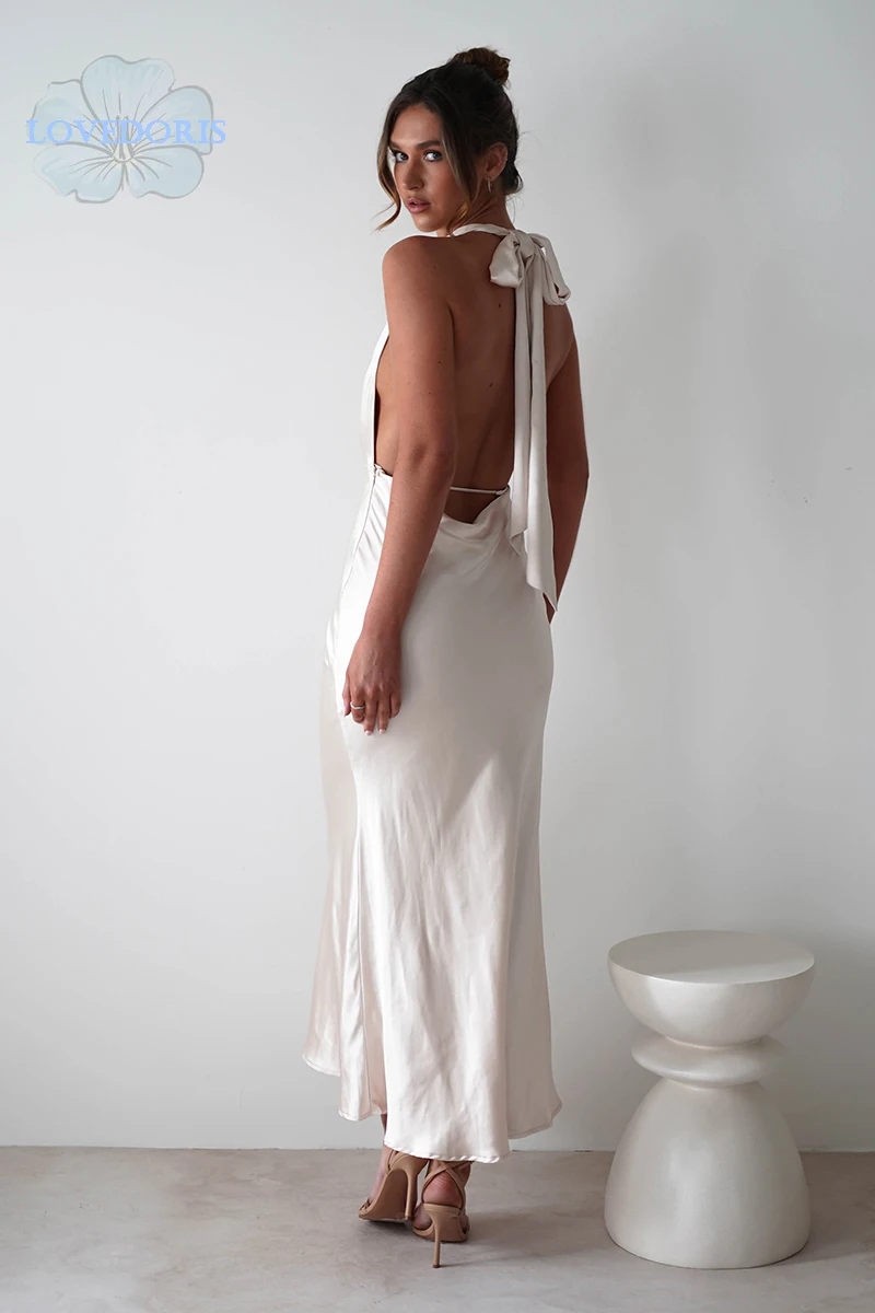 LoveDoris-Backless cetim Halter dama vestido, vestido de noite Sexy, Off White, Prom Party, Personalizar