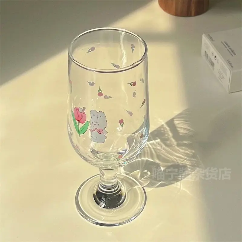 Cute Cartoon High Legged Glass with Tulip Bunny Design Essential for Breakfast Suitable for Beverages Such As Juice and Milk