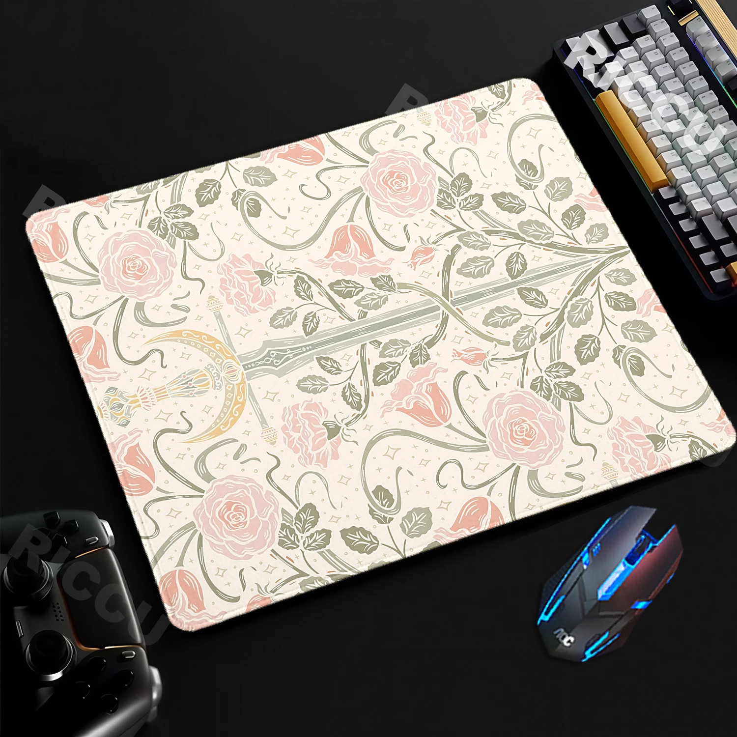 Retro Rose Sword Desk Mat Office Aesthetics Mouse Pad Gamer Lock Edge Floral Mousepad Non-Slip Small Desk Mat Desks Accessories