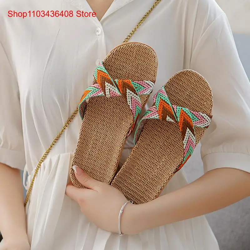 Women Linen Slippers Summer Household Indoor Lady Home Office Floor Anti-Slip Bottom Couple's Handmade Slippers Men