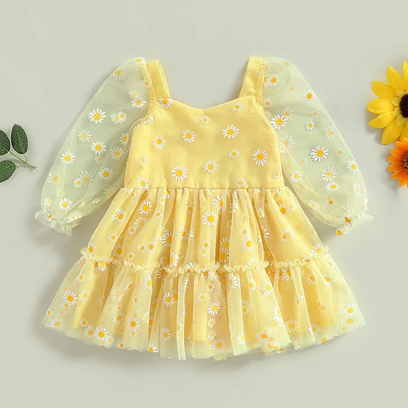 0-3Y Baby Girls Princess Lace Dress Baby Girl Elegant Daisy Print Long Sleeves Mesh Tulle Party Dresses Clothes