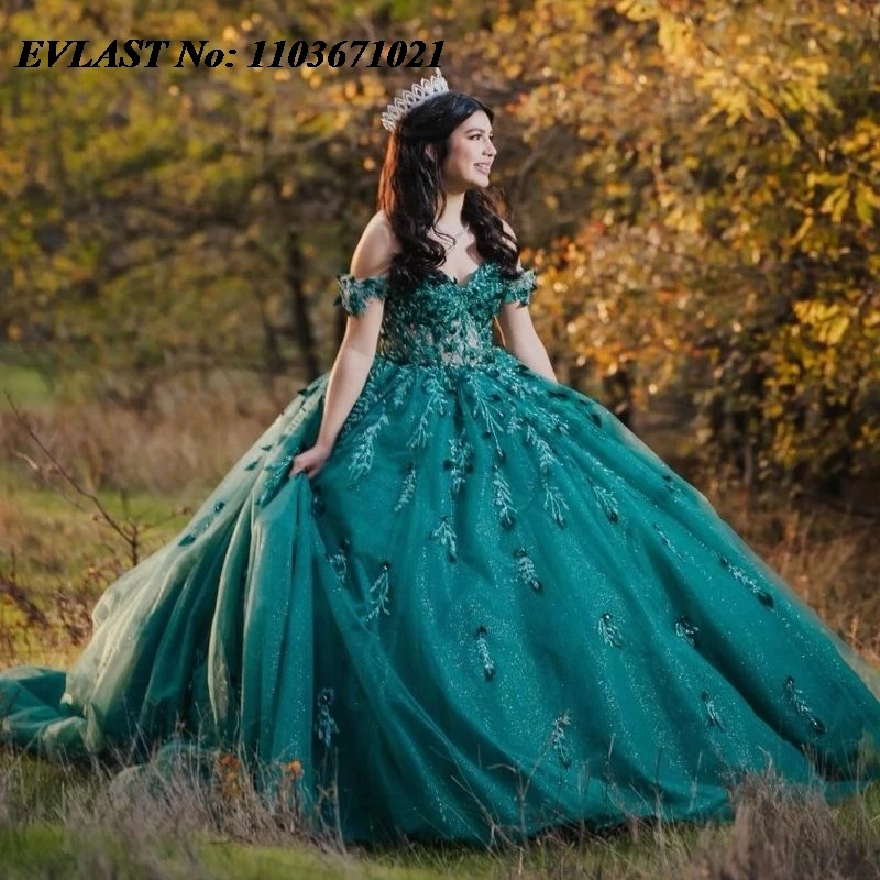 

EVLAST Glitter Emerald Green Quinceanera Dress Ball Gown Lace Applique Beading Diamonds Sweet 16 Vestidos De XV 15 Anos SQ90