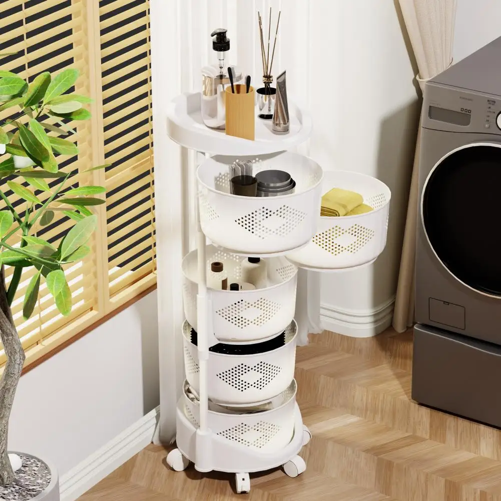 5 Tier Circular Rotating Kitchen Cart with 360° Wheels Movable Storage Trolley for Fruit Vegetable Bathroom