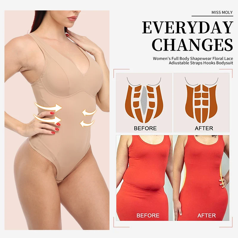 Shapewear Bodysuit Thong Shaper for Women Waist Trainer Body Shaper Deep V Neck Slimming Underwear Built-in Bra Camisoles Tops