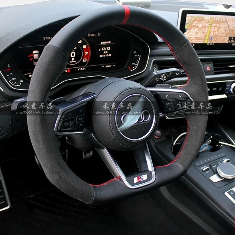 For Audi TT TTRS R8 Hand-stitched black genuine Leather suede non-slip car Steering Wheel Cover