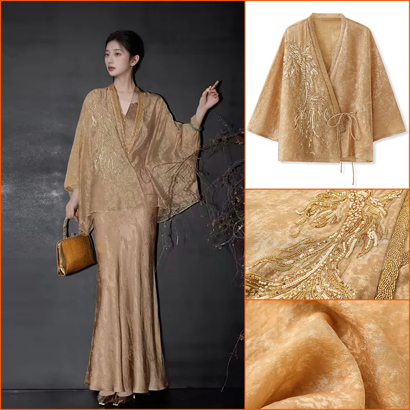 

New Chinese Style Sequin Embroider Flower Hanfu Top Women Luxury Tang Clothes Thin Jacket Loose Party Outwear Festival Gift