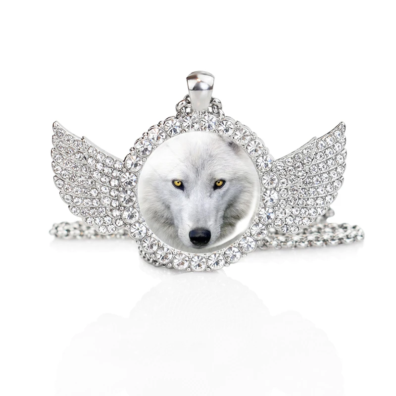 Wolf Animal Rhinestone Necklace Wolf Head Wolf Howling and Moon Glass Dome Pendant Silver Plated Chain Angel Wings Necklace Gift