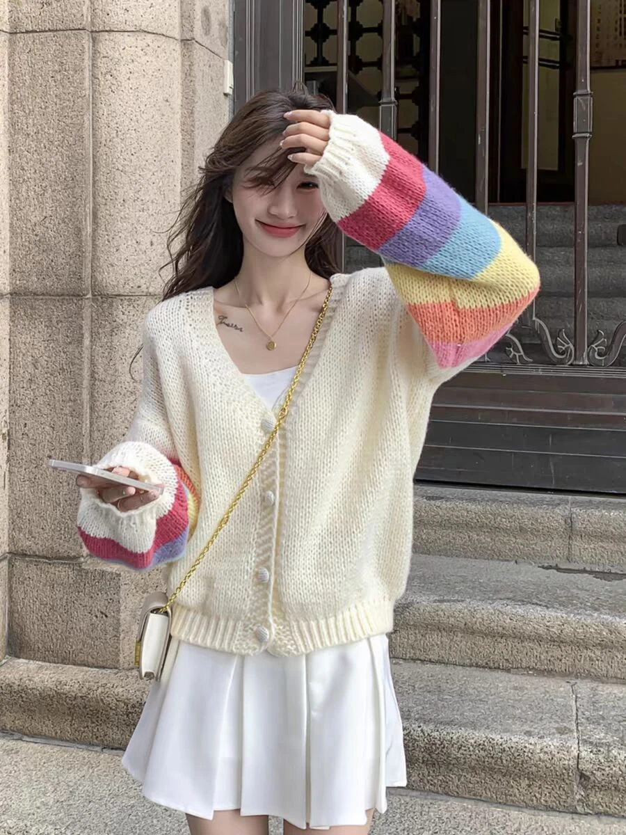 Autumn new loose and lazy style rainbow knitted cardigan sweater for women