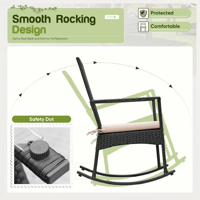 Rocking Chair Outdoor PE Rattan Patio Chairs with Glass Table High Back Porch Rocker for Balcony, Garden, Backyard (Beige)