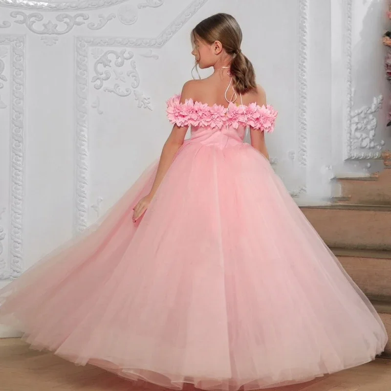 Flower Girl Dresses Pink Tulle Puffy With Flowers And Petals Off Shoulder For Wedding Birthday Party Banquet Princess Gowns