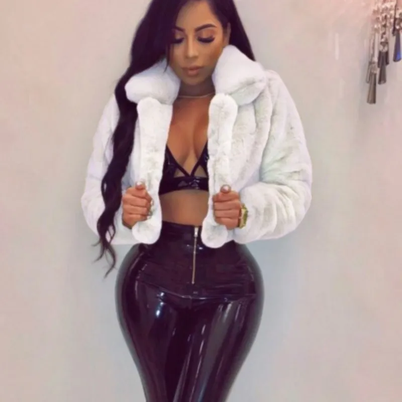 المرأة موضة فو الفراء المفتوحة غرزة التلبيب المحاصيل الستر النساء معاطف قصيرة الخريف الشتاء طويلة الأكمام الصلبة معطف دافئ لباس خارجي