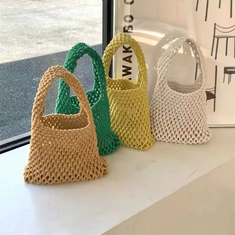 New Skeleton Knitting Handbag New Solid Color Mesh Pockets Mori System Cotton Line Versatile Women's Bag