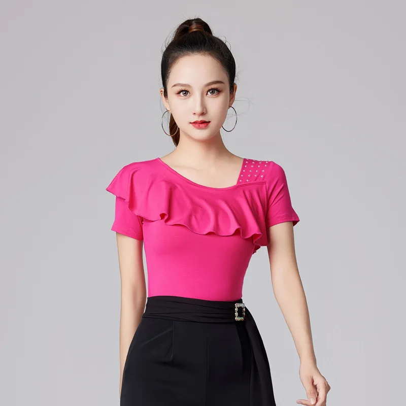 Solid Color Latin Dance Costume Evening Tops Tango Jazz Rhinestones Wear Waltz 2024 New Belly Woman Short Sleeve Ruffle T-shirt