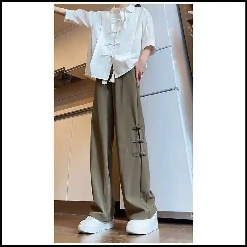 

Новые мужские брюки из ледяного шелка в китайском стиле, летние, модные, брендовые, высококачественные, с драпировкой, на пуговицах, повседневные, прямые.