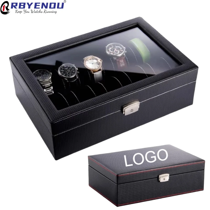 Carbon Fiber PU Leather 10 Table Watch Finishing Display Box Mechanical Watch Storage Box Tape Lock Box Dust-proof Custom Logo