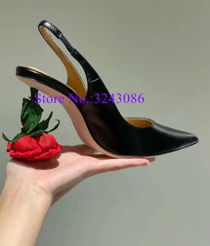 New Black Leather Rose Heel Lady Pumps Fashion Design Pointed Toe Strange Heel Dress Shoes Sexy Female High Heels Single Shoes