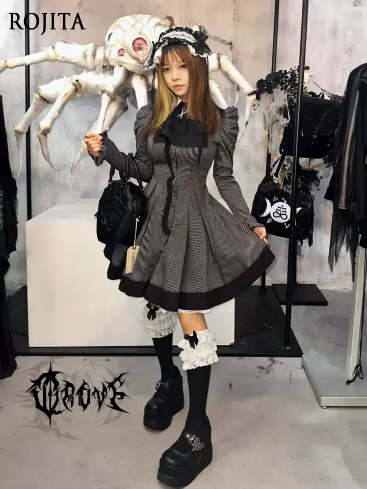 

Black White Striped Puff Sleeve High Waist A-Line Short Dress Sweet Girl Vintage Goth Dress Japanese Waist Thin Lolita Dress