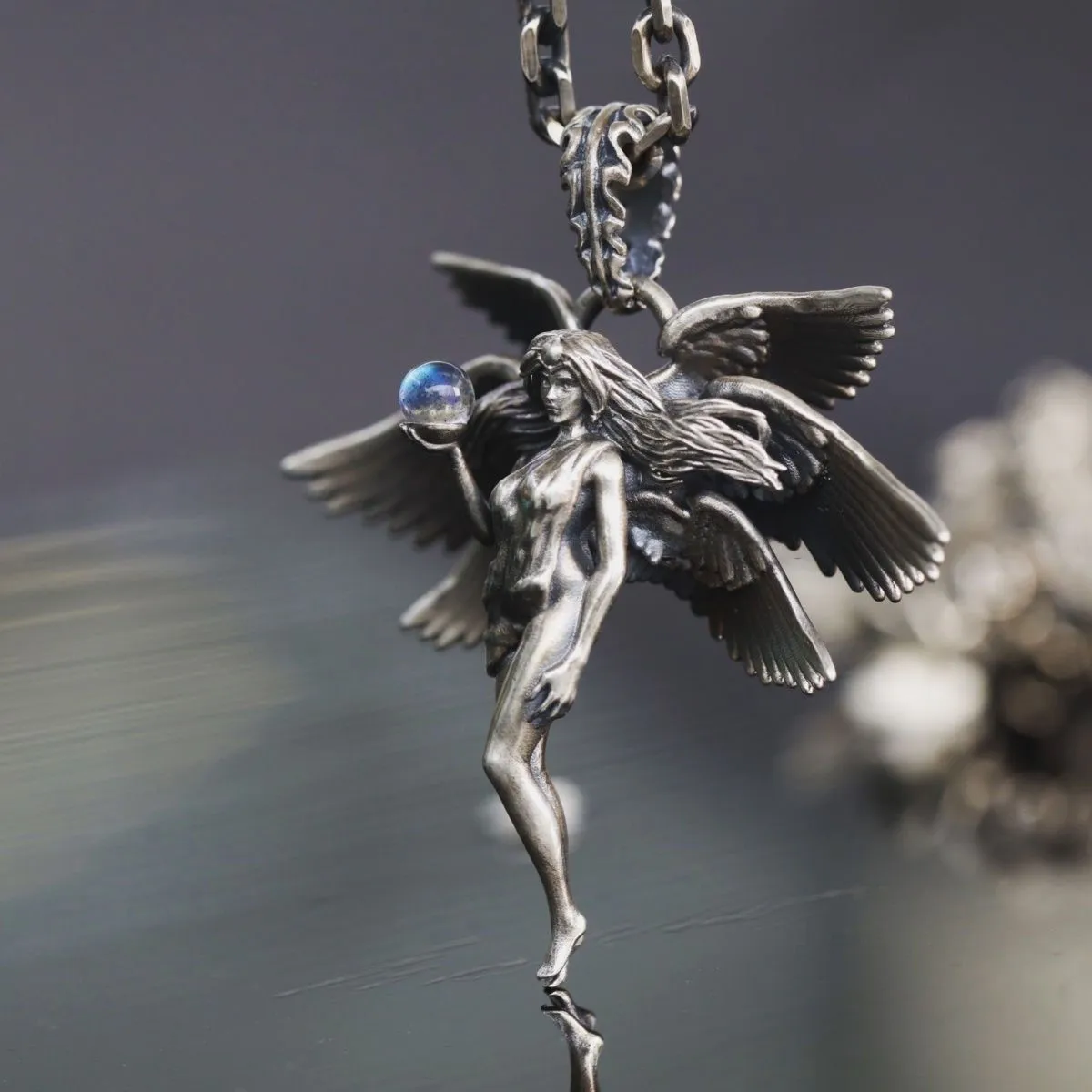 Vintage Seraphim Pendant Necklace Handmade Silver Plated Goddess Moonstone Angel Wings Long Chain Neck Hip Hop Jewelry