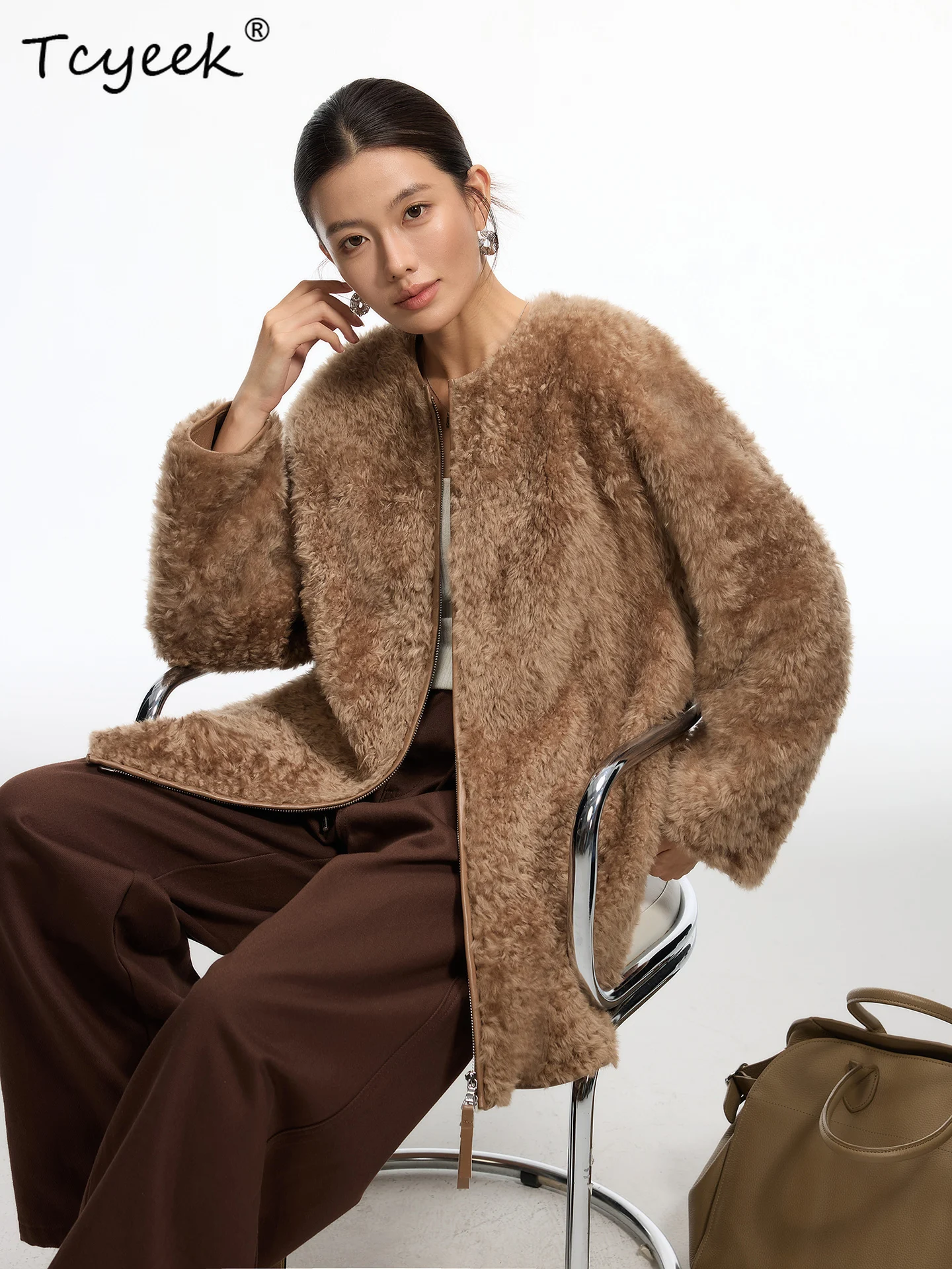 Tcyeek Genuine Wool Autumn Winter High End Trendy Solid Color Mid Length Women's Wool Shearling Fur Coat Fourrures Femme