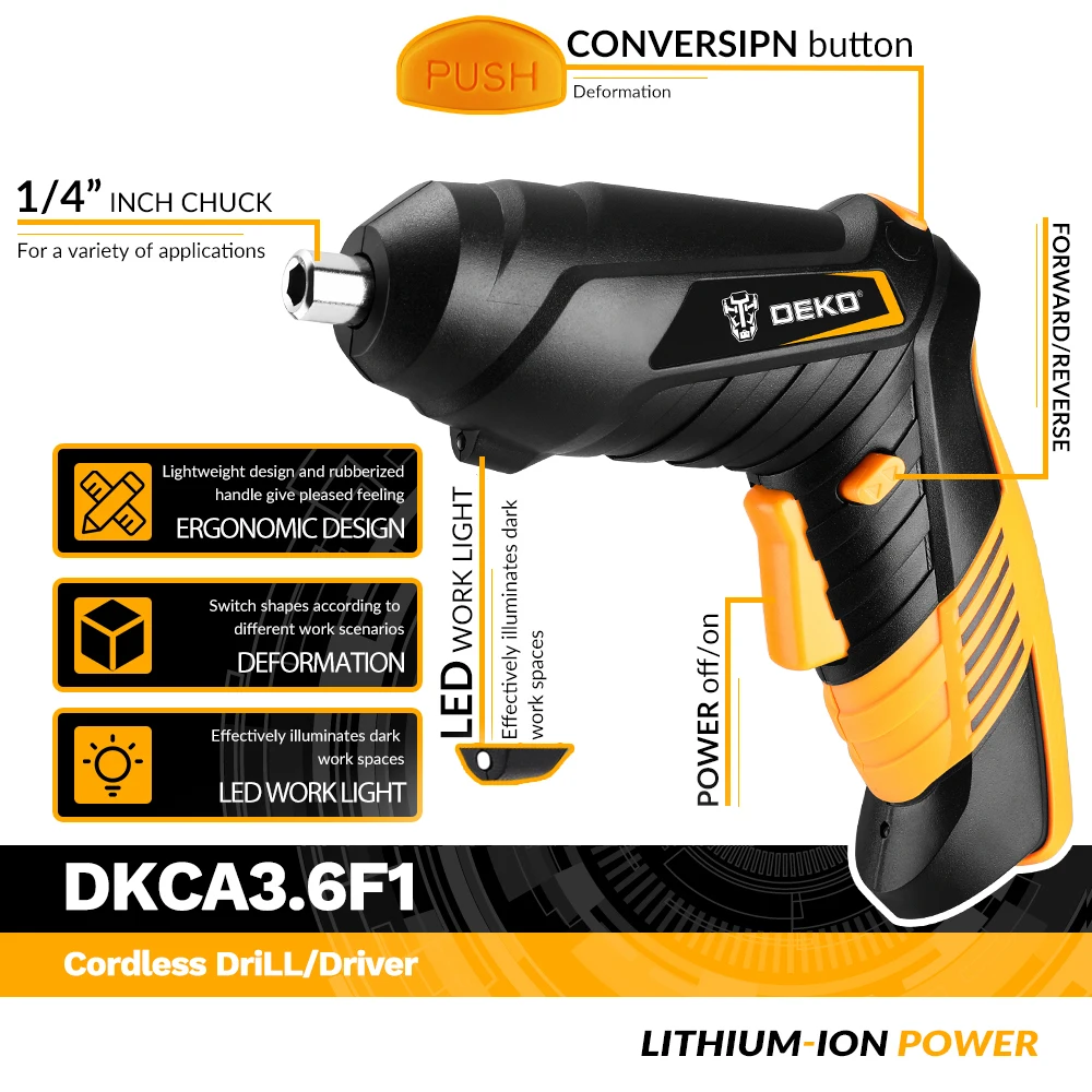 DEKO DKCS3.6F1 Mini Electric Screwdriver Rechargeable Battery Twistable Handle Cordless Screwdriver for Woodworking