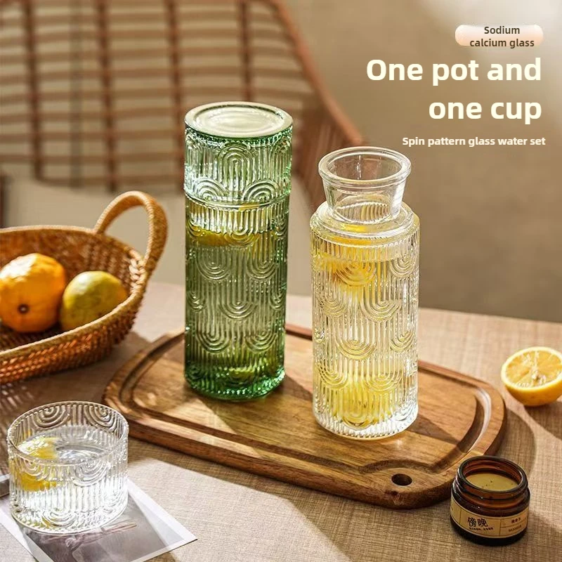 

Retro Transparent Relief Glass Cooling Kettle with Vertical Pattern Large Capacity Juice Pot Household Water Cup Beverage Set