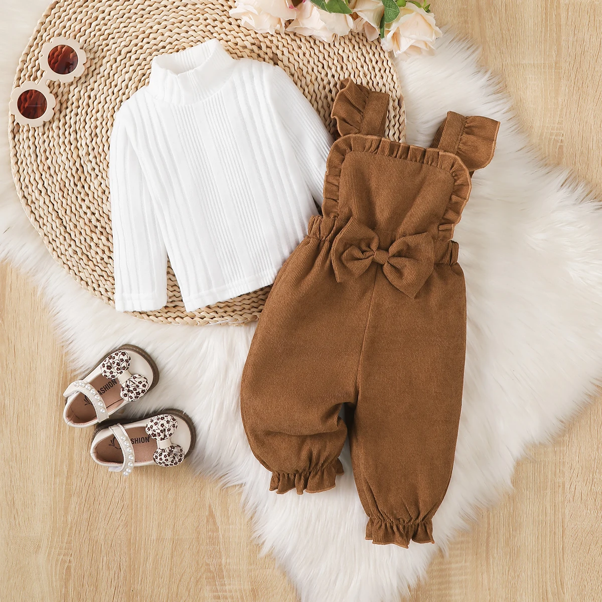Baby Girl Christmas 2Pcs Outfit Set Sweet Top Ruffle Bow Suspender Jumpsuit Pants Autumn Winter Baby Clothing for 0‑18 Months