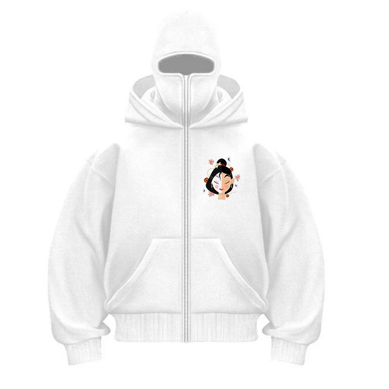 Winter Men Women White Zip Hoodie Face Mask Cartoon Pattern Print High Street Casual Unisex Style Loose Sweatshirts Outerwear