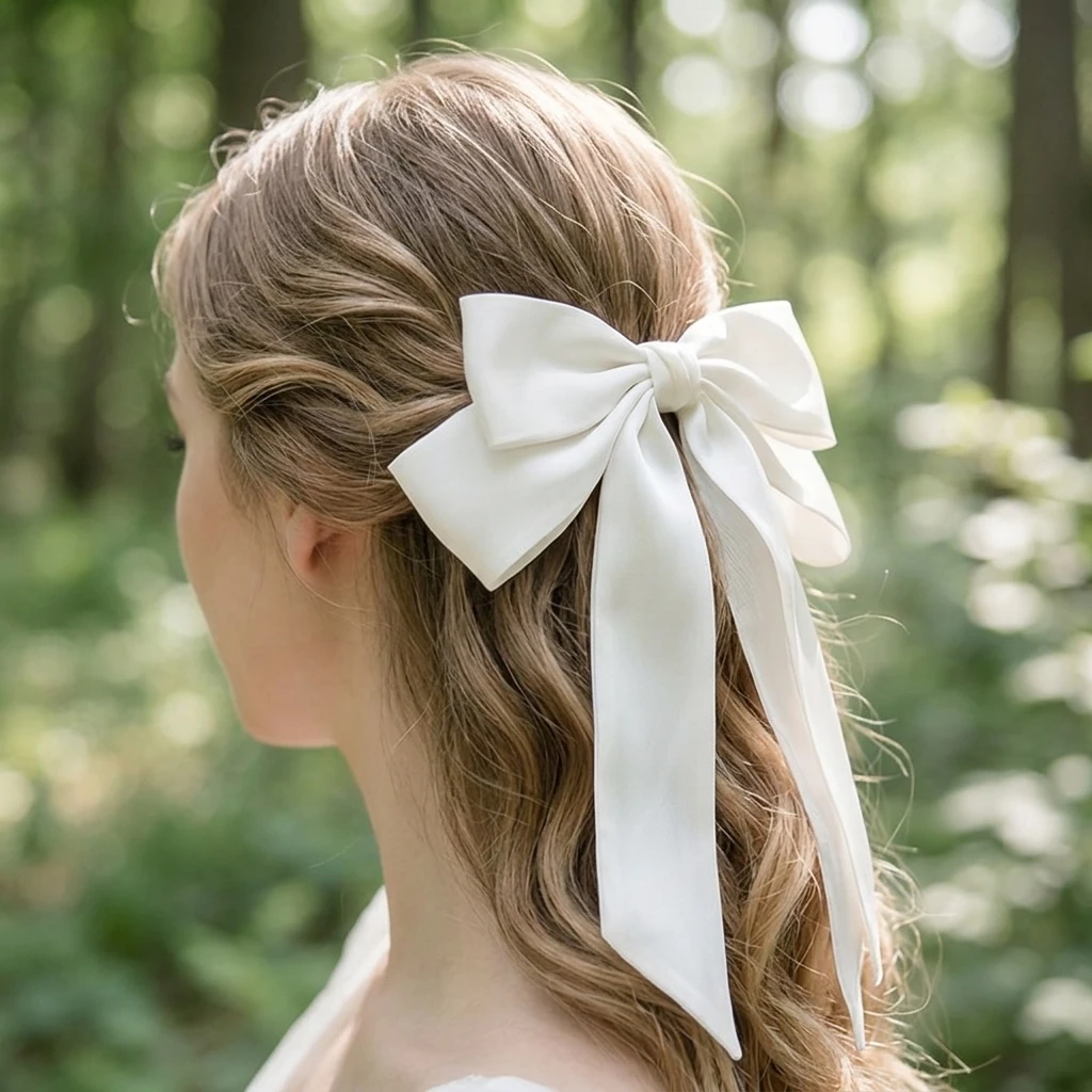 Elegant Hair Clip Double Layer Bows Long Tassel for Bridal Wedding Ceremony Satin Forest Style Headwear Graceful Accessory