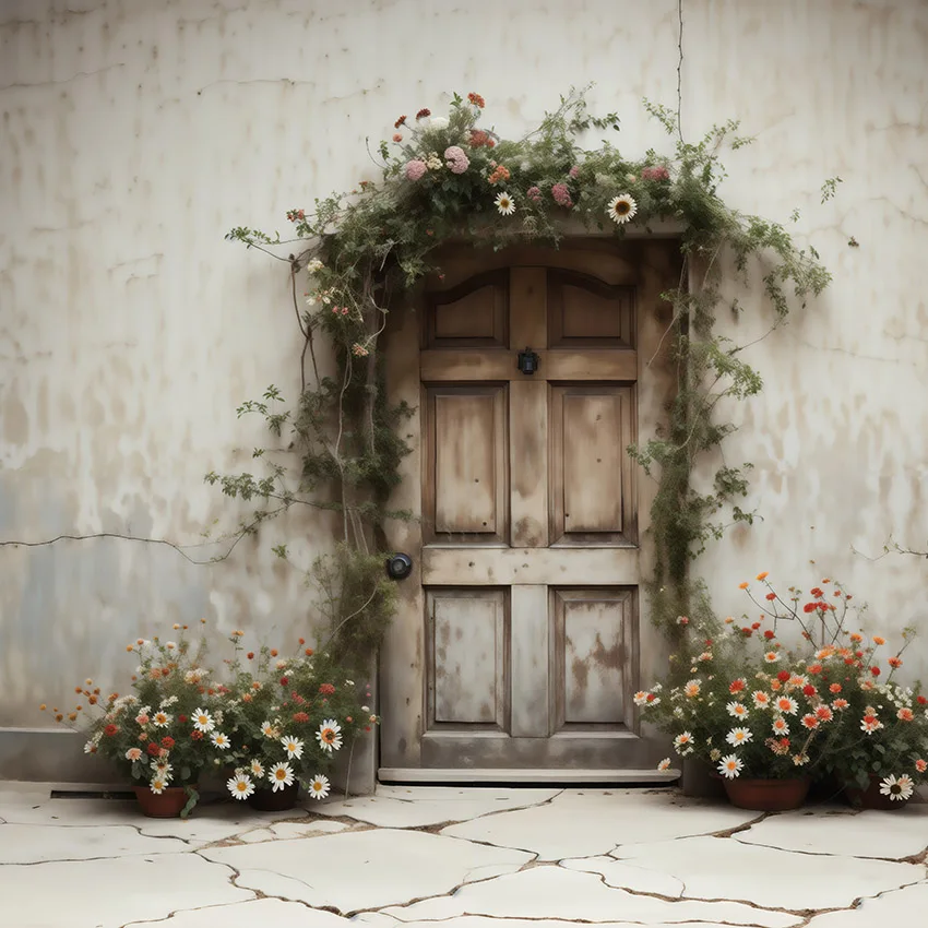 Mehofond Photography Backdrops Outdoor Wooden Door Flower Grass Decor for Pregnant Princess Birthday Party Background Photozone