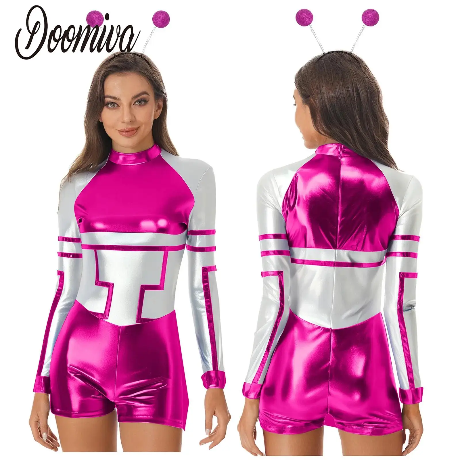 

Women Metallic Alien Robot Astronaut Costume Leotards Outerspace Set Long Sleeve Bodysuits for Halloween Carnival Cosplay Party