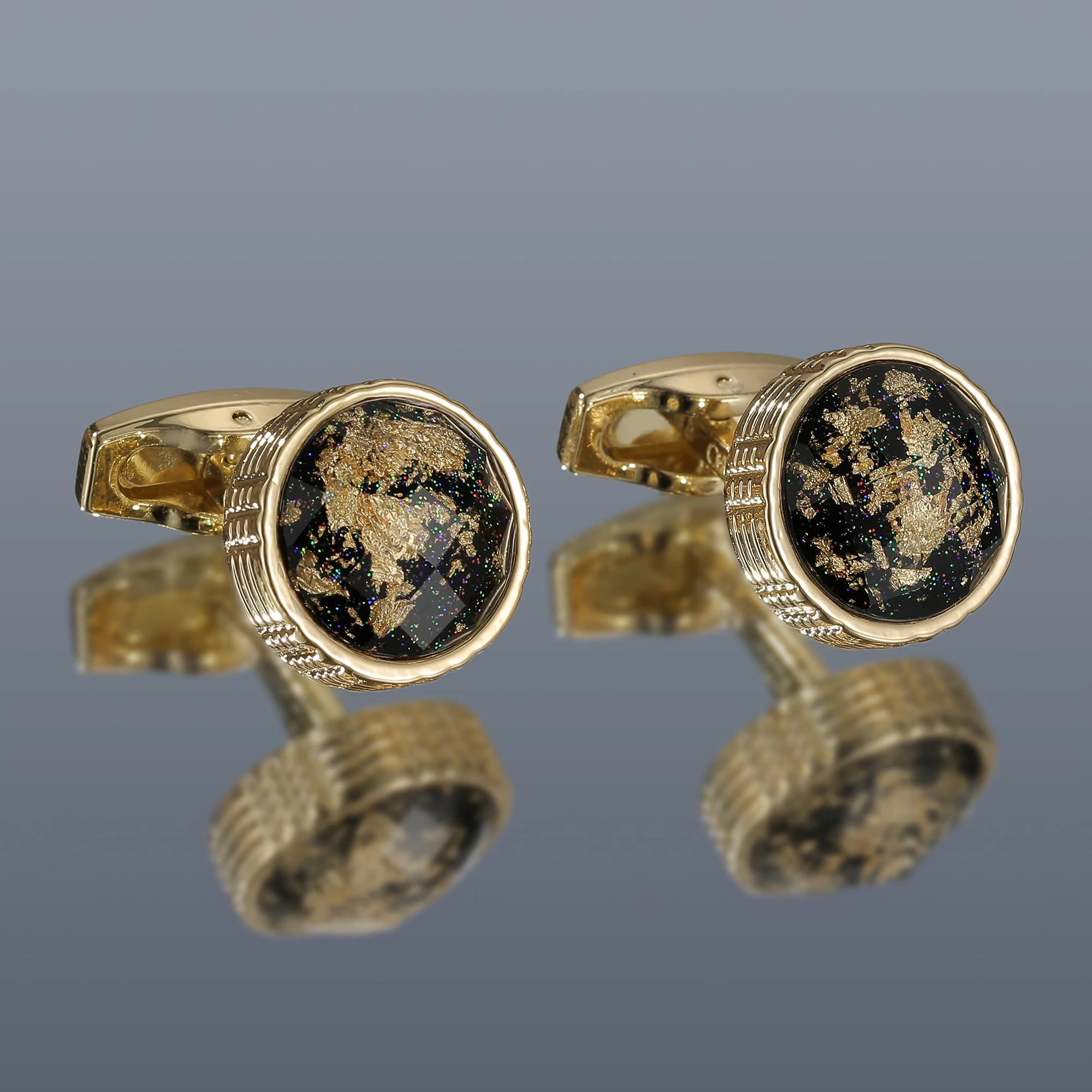 Cufflinks for Men XK22014 Black Background Gold Crystal Round Gold Color Shirt Cuff Links - Image 2