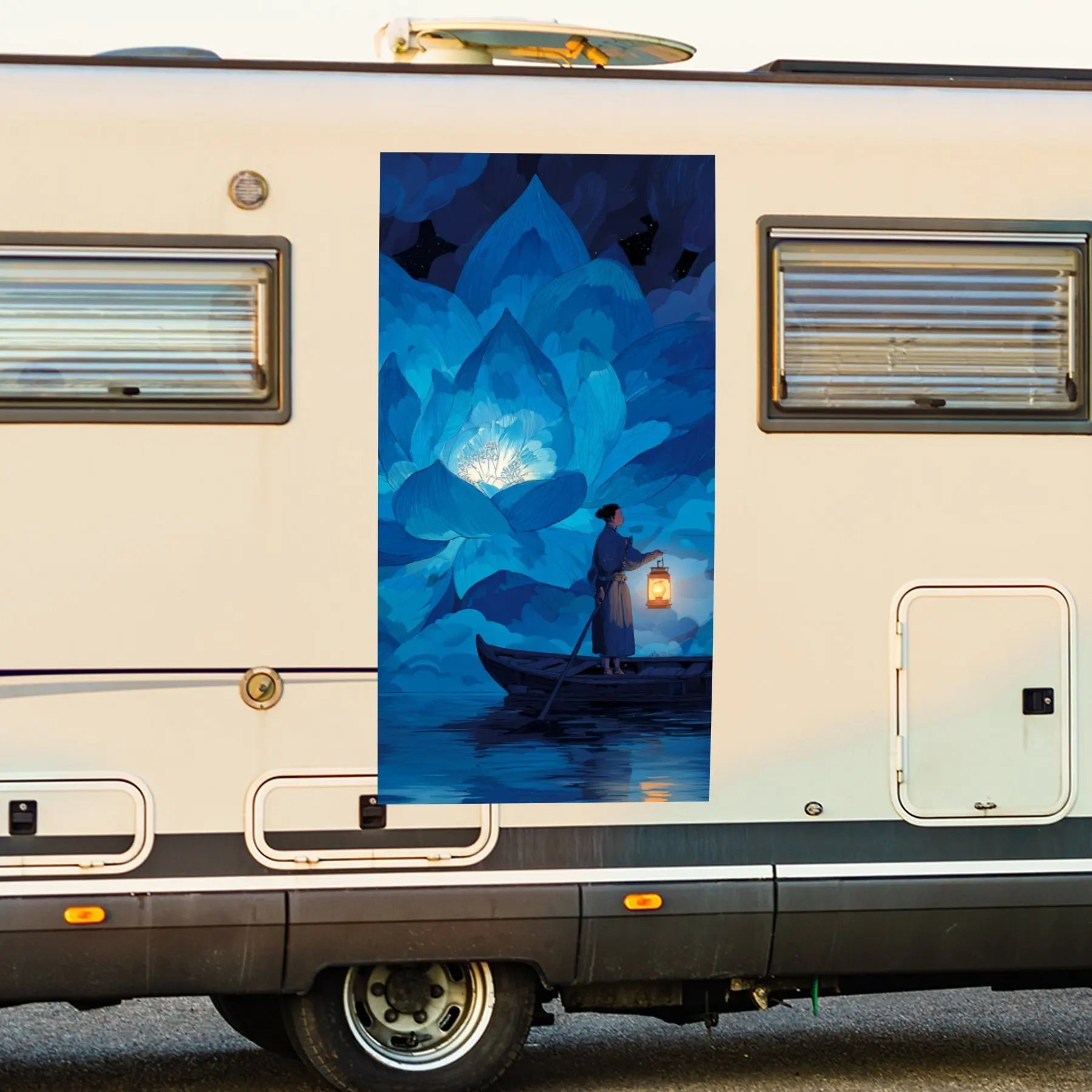 

Гигантский синий цветок с фонарем, автомобильная наклейка, водонепроницаемая виниловая наклейка для стороны автофургона, самоклеящиеся наклейки для украшения и защиты дома на колесах