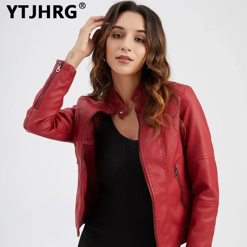 YTJHRG Women\'s Jackets Female Clothing Coats Leather Ladies Autumn Winter Long Sleeve Stand Collar PU Ride Tops Zipper 2024 New