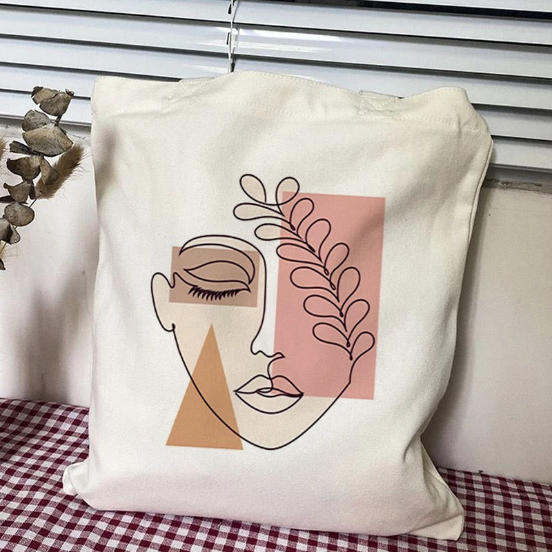 Bolso de mano con estampado artístico para mujer, bolsa de mano de lona de alta capacidad, con estampado de arte de una línea de cara, estilo