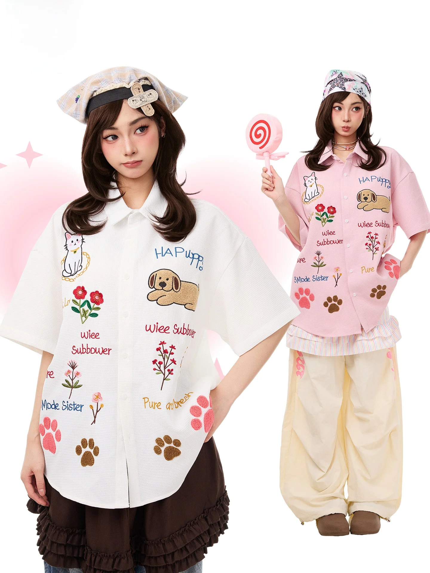 

PBB American Casual Style Women's Short Sleeve Embroidered Shirt Loose Fit Summer Fashion College Style Pink Halvesleeve Blouse