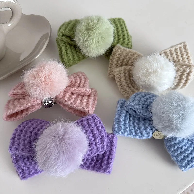 Cream Puff Warm Wool Bow Barrettes Rabbit Fur Ball Hairpin Sweet Girly Head Clip Hair Accessories