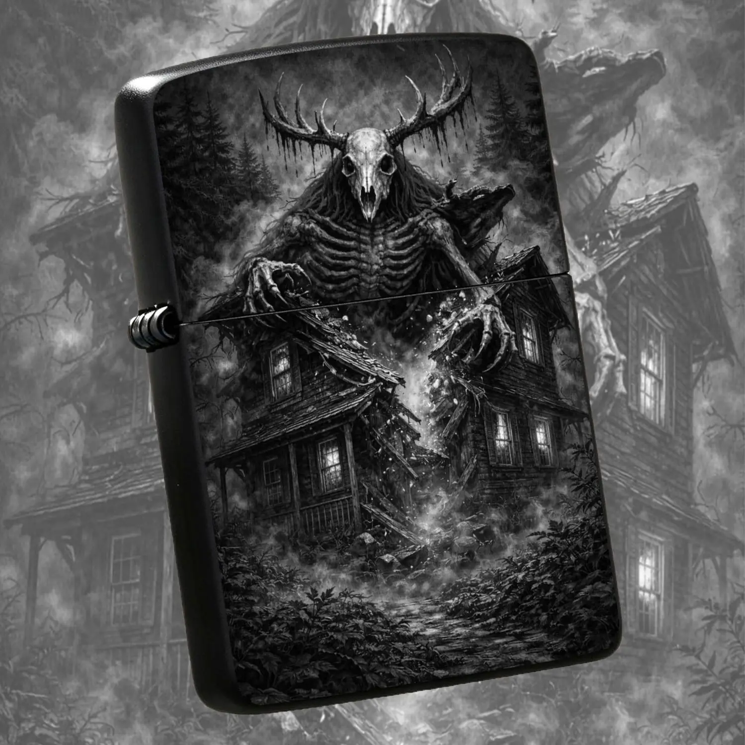 Dark Fantasy Wendigo Skeleton Deer Lighter, Creepy Abandoned Cabin Forest Themed Portable Lighter for Camping, Daily Use, Unique Creative Gift for Horror Art Lovers, Halloween and Casual Occasions A Humorous And Interesting Lighter