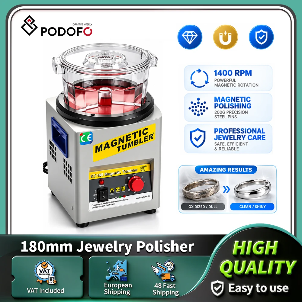 Image of Podofo KT-185 Magnetischer Tumbler Mini-Metallfinisher, 220V Gold Präzisionsteile-Polierer, 2000 U/min Schmuckpolierer mit einstellbarer Richtung und Zeit