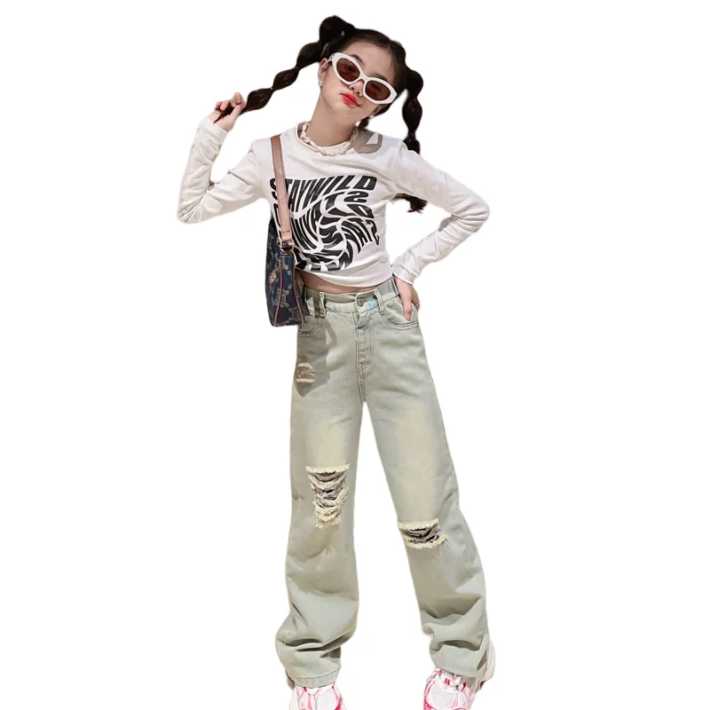 Spring and Autumn Teen Girls Clothing Sets Children Fashion Casual Letter Tops + Ripped Jeans Pants 2Pcs Outfits Kids Tracksuit