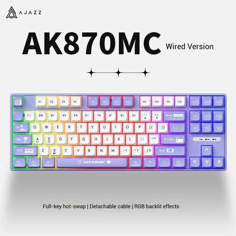 

Ajazz, Лидер продаж, проводная механическая клавиатура Ak870mc, игровая маленькая клавиатура с возможностью горячей замены, чайная ось, красная ось, 87 клавиш, фиолетовая клавиатура