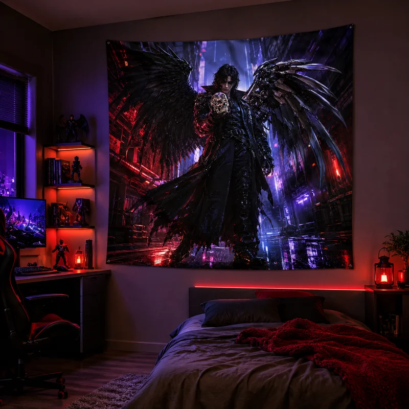 VIKAMA Skeleton Dark Angel Tapestry, Cyberpunk Gothic Warrior Mechanical Wings Wall Hanging, Sci-Fi Esports Room Wall Decoration