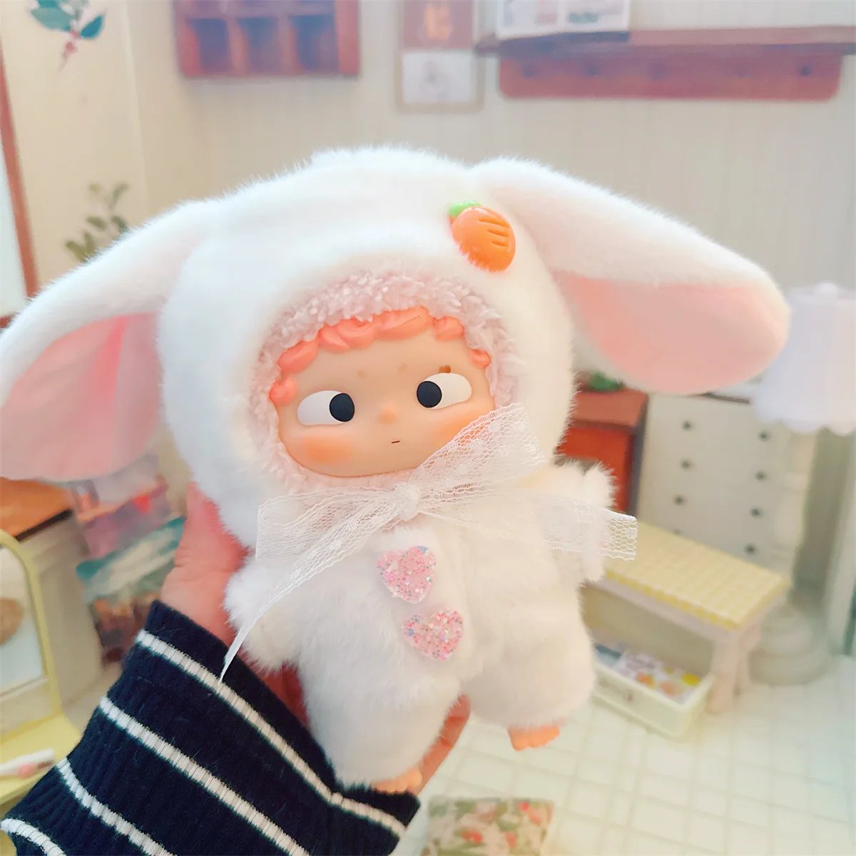 10cm Kawaii Idol Doll Cartoon Soft Fluffy White Bunny Outfit 2Pcs Set DIY Dress-Up Plush Doll Clothing for Game Play And Gifts